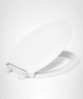 Elongated white toilet seat with lid raised; visible mounting hardware and hinges.
