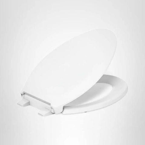 Elongated white toilet seat with lid raised; visible mounting hardware and hinges.