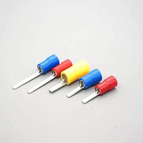 Yellow 5.5-18 Electric Crimp Ferrule Blade Terminal For 4-6 MM2 Wires shown with assorted colored connectors