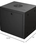 6U 10 Inch Network Server Cabinet With Perforated Door In Black, wall-mountable, 15.75 inch deep, shown with dimensions.