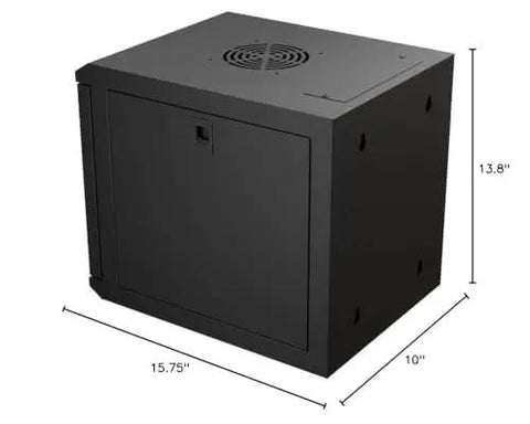 6U 10 Inch Network Server Cabinet With Perforated Door In Black, wall-mountable, 15.75 inch deep, shown with dimensions.