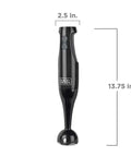 Black Two Speed Immersion Blender with Heavy Duty Stainless Steel Blades and Ergonomic Handle, 2.5 in width and 13.75 in height.