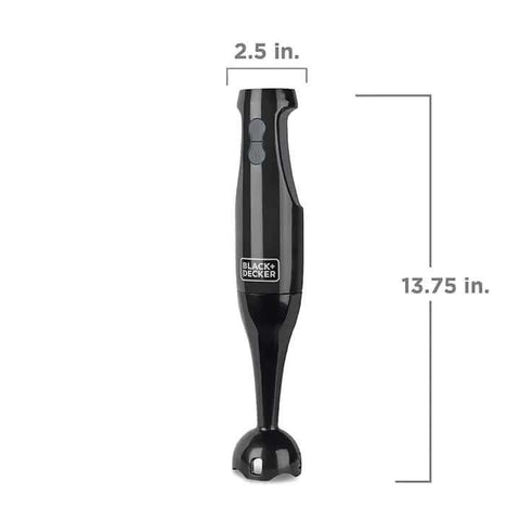 Black Two Speed Immersion Blender with Heavy Duty Stainless Steel Blades and Ergonomic Handle, 2.5 in width and 13.75 in height.
