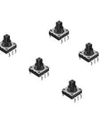 Five Pack Of 10x10mm 6 Pin Five Way Momentary Tactile Pushbutton Switches for DIY electronics and PCB projects, shown from top angle