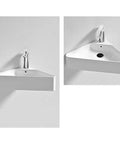 Personalized Triangle Bathroom Vessel Sink - High-Temperature, Space-Saving Wall-Mounted Corner Washbasin for Vanities, angled view.