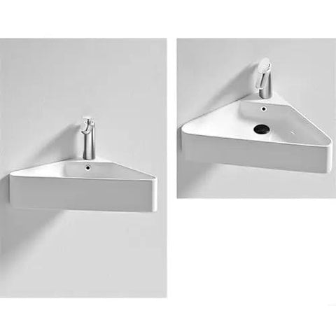 Personalized Triangle Bathroom Vessel Sink - High-Temperature, Space-Saving Wall-Mounted Corner Washbasin for Vanities, angled view.