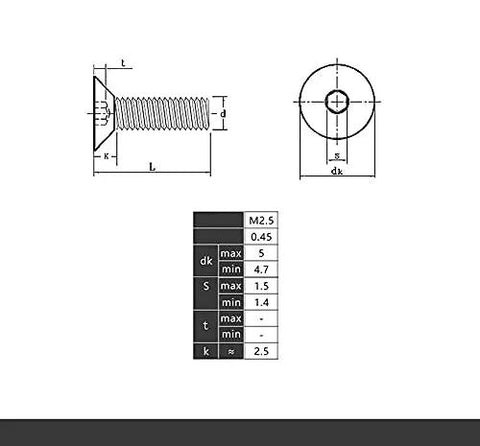 Technical diagram of M2.5 Black Countersunk Socket Cap Screw from 340 Piece M2.5 Black Countersunk Socket Cap Screws And Nylon Lock Nuts And Hex Nuts Kit, 10.9 Grade Alloy Steel M2.5 By 4 6 8 10 12 14 16 18 20mm, Versatile Hardware Set For Electronics Projects And DIY showing dimensions and specifications.