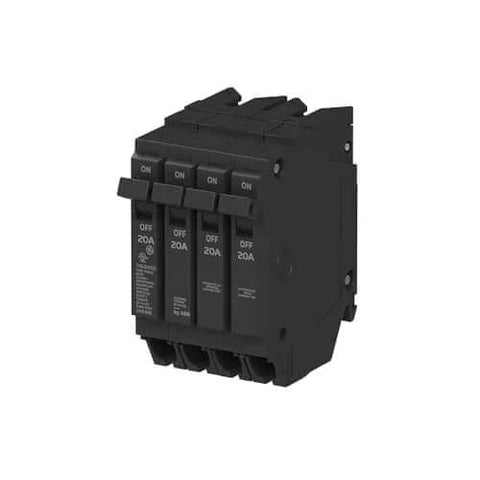 Q-Line Quad Circuit Breaker THQLQ202020 20A (1P/2P/1P) configuration, visible with plug-in space-saving design, for load centers