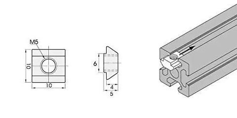 Kicker Grade M5 T Nuts For 20 Series Aluminum Extrusion Construction, 100 Pack blueprint showing dimensions and design details.