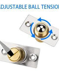 Two-pack brushed brass closet door ball catch hardware with strike plate and mounting plate; adjustable ball tension