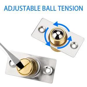Two-pack brushed brass closet door ball catch hardware with strike plate and mounting plate; adjustable ball tension
