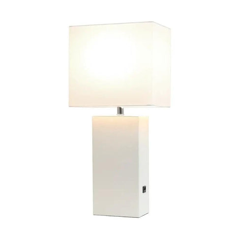 Leather Wrapped Base Table Lamp With USB Port And White Fabric Shade Dope Modern Lighting For Living Room Or Bedroom