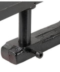 Wood turning tool rest, close-up, black metal with vertical post and adjustment screw.