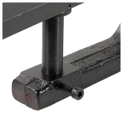Wood turning tool rest, close-up, black metal with vertical post and adjustment screw.
