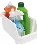Set Of Six Crisp White Stackable Storage Bins Featuring Lockdown Grip Base And Crystal Clear Front Panels To Kick Pantry Chaos To The Curb And Tame Craft Tables with cleaning products inside