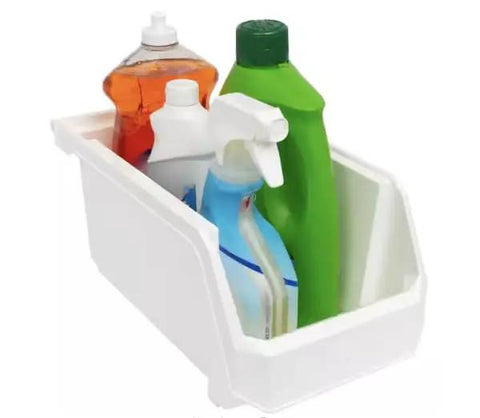 Set Of Six Crisp White Stackable Storage Bins Featuring Lockdown Grip Base And Crystal Clear Front Panels To Kick Pantry Chaos To The Curb And Tame Craft Tables with cleaning products inside