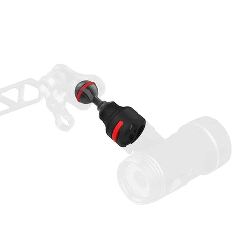 Flex Connect Ball Joint Adapter for Sea Dragon underwater lights with 1 inch and 25mm mount in black, shown with camera rigging.