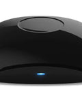 Universal IR RF Remote Hub With 2.4 GHz Wi Fi, Code Learning, Alexa Compatible, Controls TV, STB, AC, Curtain Motors And More, 433MHz RF Support, 50,000+ IR Codes, Smart Home Entertainment Controller, shown in sleek black design.