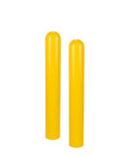Elite Round Top Bollard Covers Two Pack Bright Yellow Hella Durable Hdpe Heavy Duty Parking Post Shield standing upright.