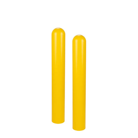Elite Round Top Bollard Covers Two Pack Bright Yellow Hella Durable Hdpe Heavy Duty Parking Post Shield standing upright.