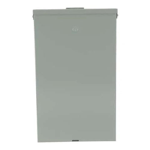 Front view of 125A outdoor convertible load center, 12-space 24-circuit main lug panel with NEMA 3R galvanized steel enclosure.