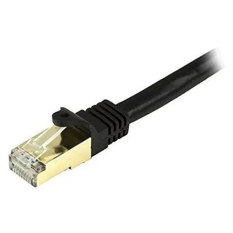 Close-up of 6-Foot CAT6A Shielded Ethernet Patch Cable With Snagless RJ45 Connectors, 10GbE Ready, STP, PoE Capable, Black