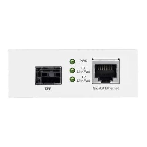Front view of Gigabit Fiber To Ethernet Media Converter with SFP to RJ45 ports, LED indicators, durable metal casing