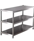 Heavy Duty Stainless Steel Three Tier Shelving Unit Rust Resistant Floor Saver Storage Rack For Kitchen Garage Pantries And Workshops No Drama Setup Straight Up Solid Metal Shelf Game Changer with three shelves.
