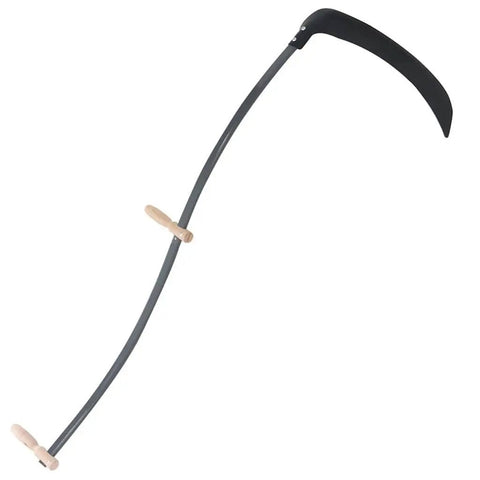 Durable Ergonomic Scythe With 57 Point One Inch Reach In Black Matte Finish Stainless Steel And Wood Handle Built For Gardeners And Outdoor Enthusiasts For Smooth Grass And Brush Cutting On Any Yard with curved blade and handle visible