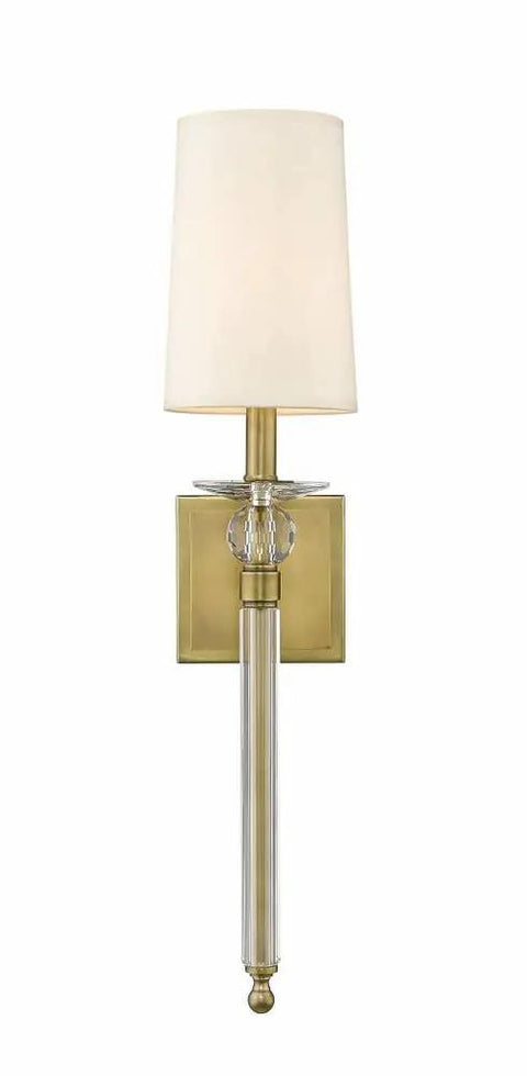 One Light Wall Sconce In Polished Nickel Finish with white fabric shade, modern coastal style for bathroom or hallway