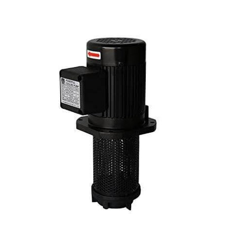 Coolant pump for machine tools, 1/8 HP, black metal housing with mesh filter, front view