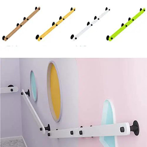 Variety of wall-mounted safety handrails in wood and colorful finishes, features tight non-slip grip for indoor steps.