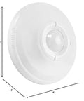 Ceiling Mount 360 Degree PIR Occupancy Sensor for Indoor Lighting, hard wired, round design, measures 4x4 inches