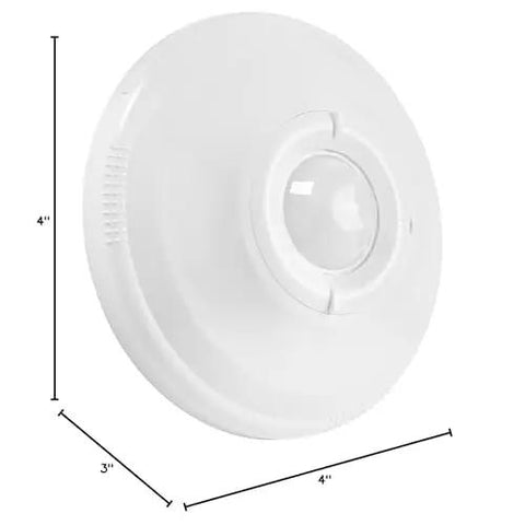 Ceiling Mount 360 Degree PIR Occupancy Sensor for Indoor Lighting, hard wired, round design, measures 4x4 inches