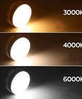 Recessed LED Ceiling Light, Downlight displaying three light temperatures: 3000K, 4000K, and 6000K in a sleek, round design.
