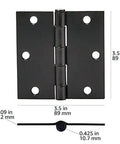 Interior Door Hinges Square 3.5 Inch Matte Black Durable Steel Construction, Pack Of 12 With 72 Mounting Screws, front view with measurements