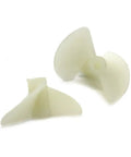 White Nylon 2 Blade RC Boat Propellers, 22mm Diameter, close-up of two CW and CCW props for 2mm shaft