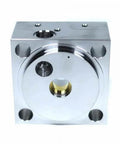 Intensifier end bell assembly for waterjet cutter, aluminum block with brass insert, front view.