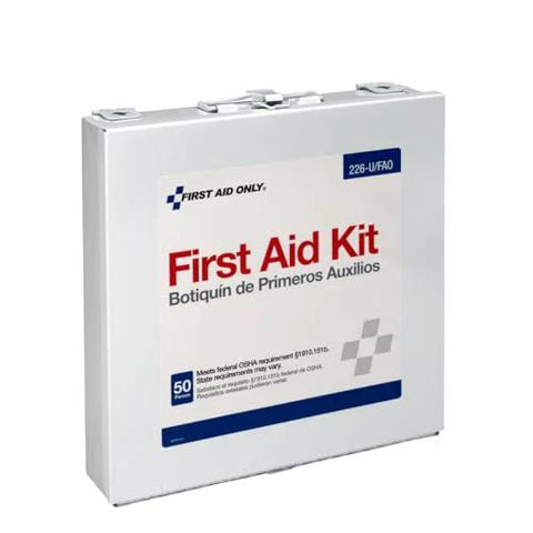 First Aid Only First Aid Kit metal box, white exterior with blue and red label showing 50, front view.
