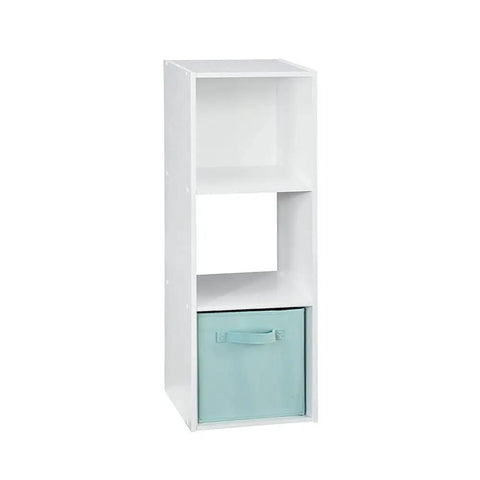 Three Cube Storage Organizer Bookshelf For Books And Decor, display unit with blue fabric drawer, white finish, vertical setup