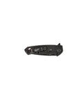 Dead Simple Pocket Knife With Smooth Slide Action And Heavy Duty Plastic Guard Compact black folded hand tool showing clip and button.