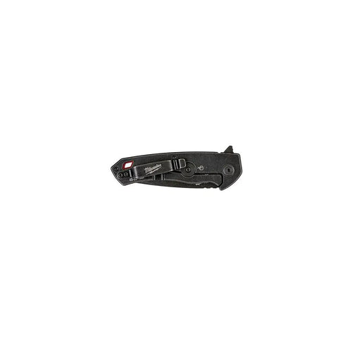 Dead Simple Pocket Knife With Smooth Slide Action And Heavy Duty Plastic Guard Compact black folded hand tool showing clip and button.