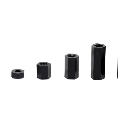 Black nylon hex standoffs in various sizes from the 380 Piece M3 Nylon PCB Mounting Hardware Kit featuring hex spacers, nuts, and screws.