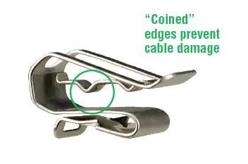 Heavy Duty Solar Cable Clips Made From 304 Stainless Steel Bulk Box Of 4000 showing coining feature preventing cable damage.