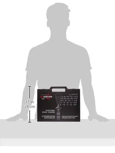 27-Piece Hollow Punch Set With Dual Cutting Heads in a heavy-duty plastic case, showing size comparison with silhouette.