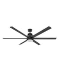 Hella Sleek Industrial Matte Black Ceiling Fan With Dc Motor And Built In Light Kit Featuring Six Smooth Steel Blades For Top Shelf Cooling and Badass Room Vibes Stem Mounted Ready For Quick Setup, shown from below.