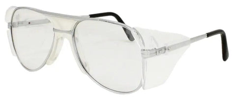 Top Shelf Aviator Safety Glasses Metal Frame ANSI Z87 DOT Approved For Motorcycles Heavy Duty Work Shop UV400 Polycarbonate Shatterproof Hard Coated Lenses side view with side shields.