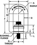 Front view of heavy-duty hoist ring with threaded stud and bushing flange