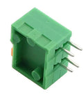 Close-up of a green 25Pcs 2 Pole Spring Clip PCB Terminal Block Connector Set 2.54mm Pitch For 26 20AWG Wires 150V AC 2A Max