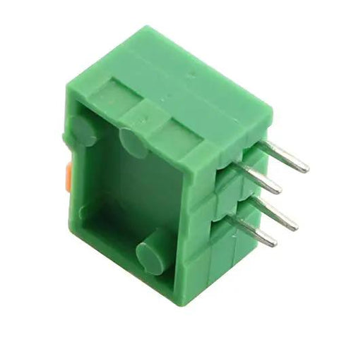 Close-up of a green 25Pcs 2 Pole Spring Clip PCB Terminal Block Connector Set 2.54mm Pitch For 26 20AWG Wires 150V AC 2A Max
